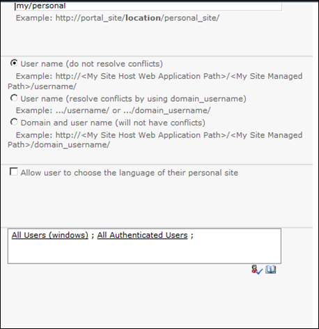 Site Naming Format, Language Options, Read Permission Level and for SharePoint My Site 2010